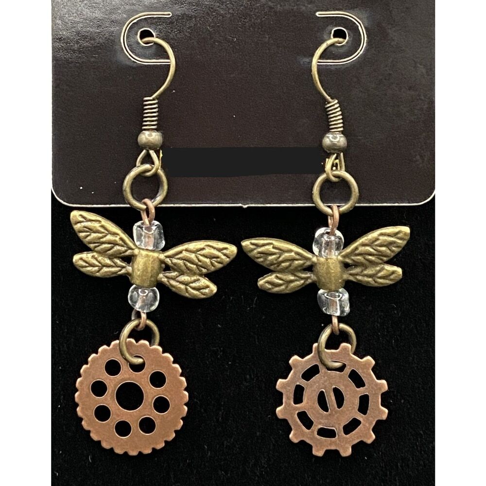Handmade Dragonfly Wing & Gear with Clear Glass Bead Earrings by Neanie-Bot